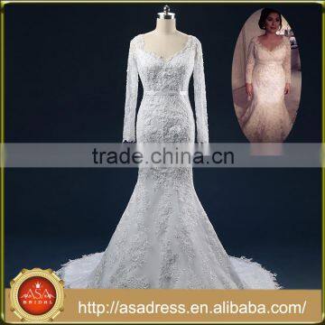 ASAM-03 Real Photos See Through Lace Appliques Long Sleeves Lace-up Back Mermaid Wedding Dresses with Long Train