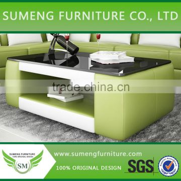 Alibaba top quality tempered leather glass top coffee table