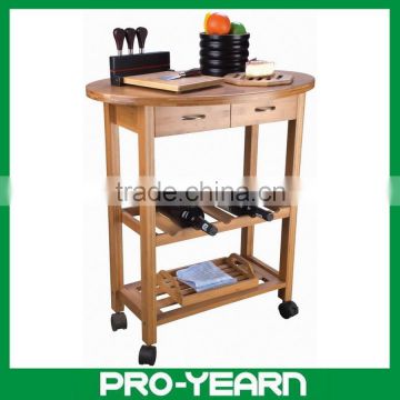 Modern Bamboo Kitchen Serving Trolley Cart with Food Keeping Drawers and Wine Bottle Holders and Casters for Sale