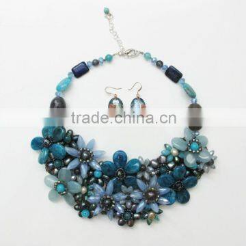 Multi Flower Blue Gemstones with Pearl Fashion Necklace Handmade JN396