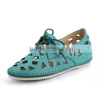 Newest Summer Fashion Shoes for Women/Blue Hollow-out Cow Leather Footwear/Girl Flat Comfortable Lace-up Casual Shoes