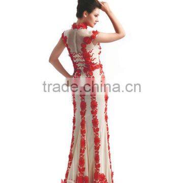 Elegant Embroidery High Neck Cap Sleeve Tulle Long Red Evening Dress photo-2