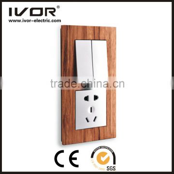 2016 new design IVOR wooden panel mechanical socket and 2 gang push botton switch