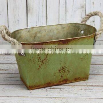 antique/rustic/ shabby chic oval shape Iron planter with linen handle