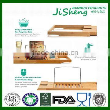 100% Bamboo Bathtub Caddy With Extendable Sides, Cellphone Tray & Integrated Wine Glass Holder photo-3