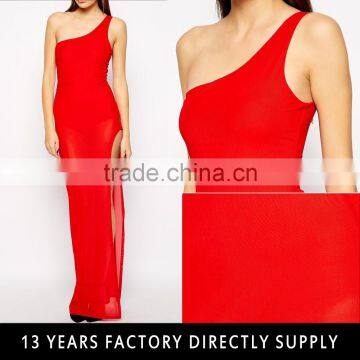 2016 Sexy lady red designer one shoulder long prom high side split one piece full length party chiffon dress