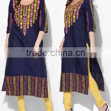 Blue Cotton Embroidered Kurta Designer Neck Hand embroidery Designs For Kurtis HSD5718