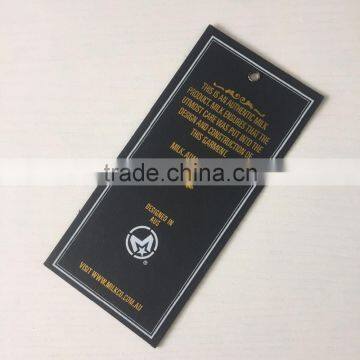 2017 custom high quality black cardboard paper hang tags with gold stamping logo