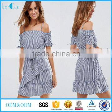 women dresses summer for short sleeve off shoulder in cotton stripe with belt