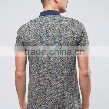 Cheapest Custom Short Sleeve Button Placket Paisley Printed Design Navy Men's 100% Cotton Jersey 200g Casual Polo Shirt photo-2