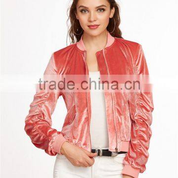 Women Zip Up Shirred Velvet Bomber Jacket Pink With Side Pockets Slim Fit Classic Shiny Jacket Coat photo-3
