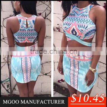 Custom Design Stock Cheap Price Totem Printed Short Dress Africa Bodycon Dress Fashion Two Piece Dress Z474