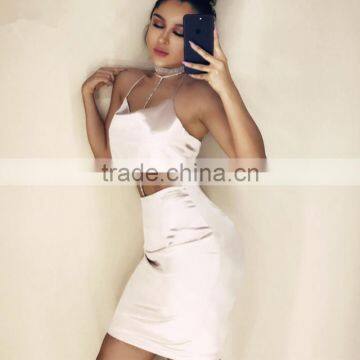 2017 Clothes Women Ladies Sexy Halter Fashion Women Top + Knee Length Satin Skirt photo-3