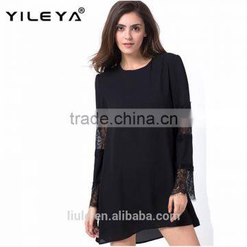 Latest Black Lace Decor Flare Sleeve Dress Ladies Chiffon A Line Dress