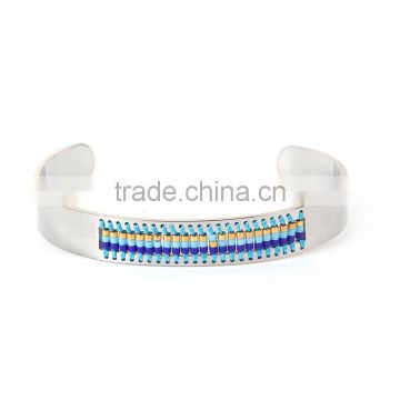 Titanium Steel Seed Beads Open Cuff Bangles Bracelets Silver Tone Blue