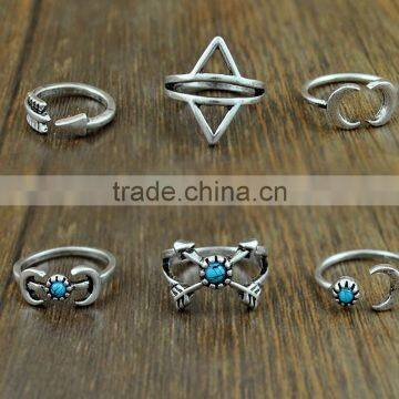 6Pcs/Set Bohemian Silver Knuckle Ring Turquoise Arrow Moon Open Midi Ring