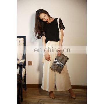 Women Wide Leg Two Braces White Simply Design Pants photo-6