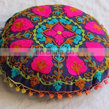 Designer Cotton Ottoman Suzani Cushion Cover Vintage Decorative Indian Round Pouffe Cover 16''