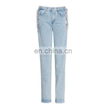 TWOTWINSTYLE Sexy High waist Patchwork Chains Hit Color Straight Vintage Jeans For Female