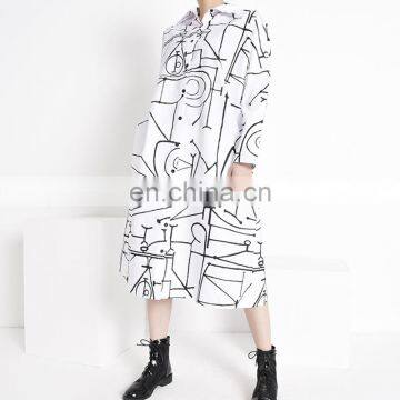 TWOTWINSTYLE Dress For Women Lapel Collar Long Sleeve Oversize Casual Midi Hit Color Graffiti photo-4