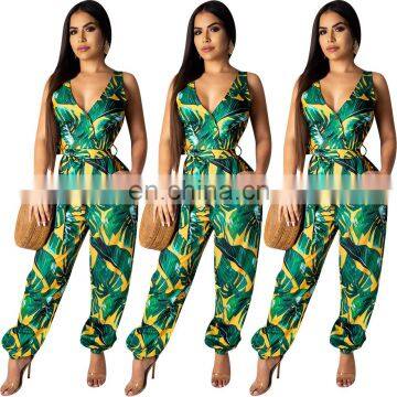 Wholesale custom hot sexy african tropic print picture summer sleeveless belted ladies rompers and jumpsuit for women