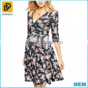 2016 Summer Causal Wholesale Western Style Floral Printed Half Sleeves Maternity Dress