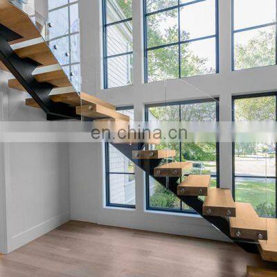 L-shaped stairway Morden Tempered glass/Solid wood tread steps Deluxe customized staircase