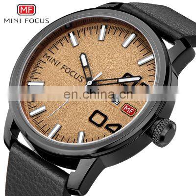 MINIFOCUS MF0022G Mens Charm Calendar Leather Strap Watches Auto Date Quartz Fashion Casual Wristwatch