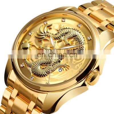 SKMEI 9193 High quality Japan movt stainless steel gold dragon watch wrist quartz Men watch