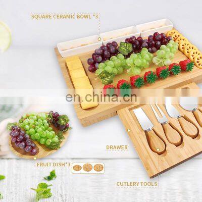 Natural Original Large Square, Charcuterie Wooden Bamboo Cheese Board With Grooved Cutlery 4 Stainless Steel Cheese Knives photo-5