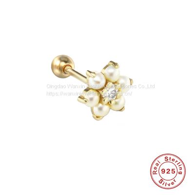 S925 sterling silver flower pearl earrings studs with diamond