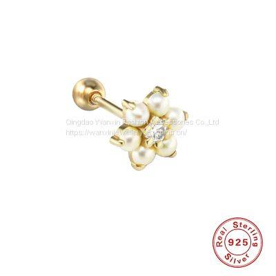 S925 Sterling Silver Flower Pearl Earrings Studs With Diamond