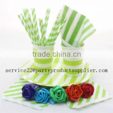 Disposable Tableware Apple Green Striped Paper Straw Plate Cup Napkin