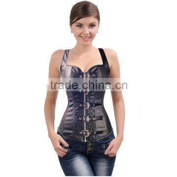 Women Retro Goth Brocade Faux Leather Steampunk Buckle Up Zipper Overbust Corsets Bustiers