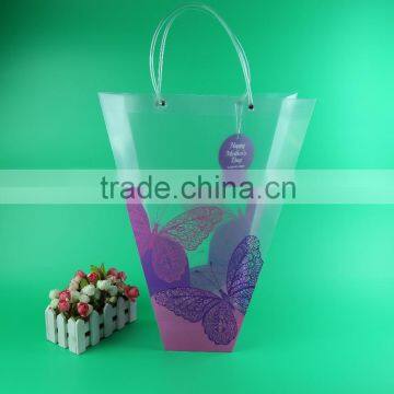 wholesale pp plastic bag flower vase, flower plastic gift bag, clear plastic bag with pvc handle