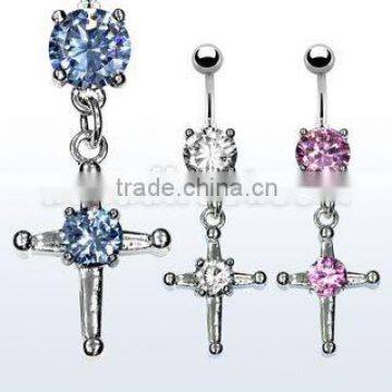 cross with Cubic Zirconia dangling navel ring
