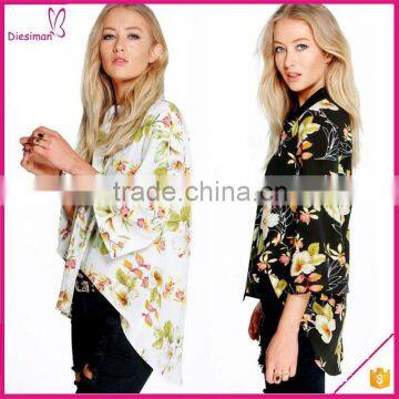 Wholesale floral curved hem 3/4 sleeve lady chiffon blouse, ladies blouse designs