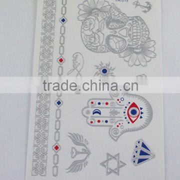 2015 new design 3D Metallic flash temporary tattoo temporary gold foil silver tattoo mixed color palm and skull