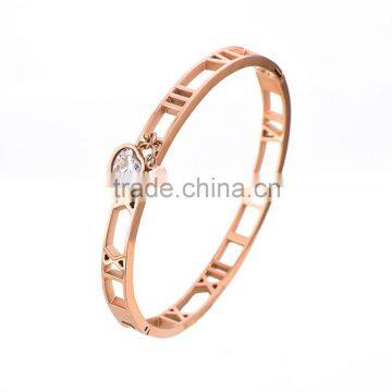 Newest Heart and Crystal Charm Rose Gold Stainless Steel Bangle