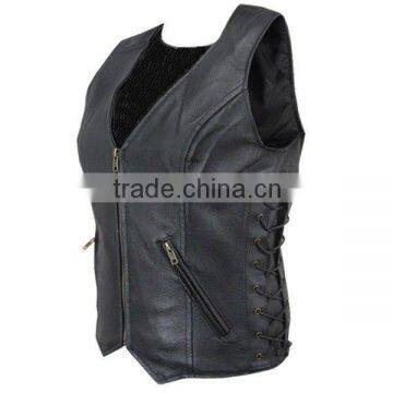 Modello Women's Deep V Leather Vest With Zippers