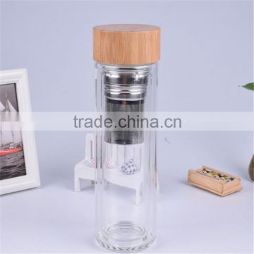 Drinking glass water bottle with stainless steel tea filter, borosilicate water bottle glass 400ml