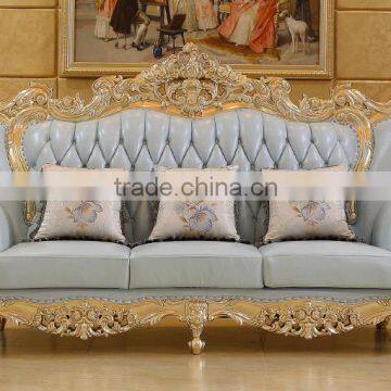 Luxury Living Furniture Wood Carving Goldfoil Light Blue Genuine Leather Sofa Set photo-4