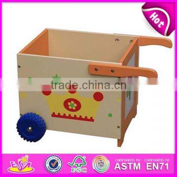 2015 New kids wooden storage container toy,popular children storage container, Shape 2 wheel toys box wooden toys WJ278033