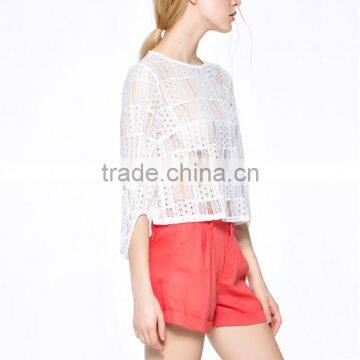 Fashion Latest Trendy High Fashion Crochet Fabric Women Transparent Blouse With Half Sleeve photo-3