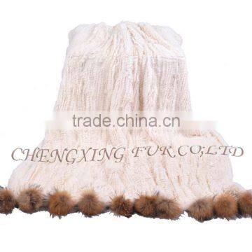 CX-D-108 Hand Knitted Super Cream Real Rex Rabbit Fur Throw Blanket photo-3