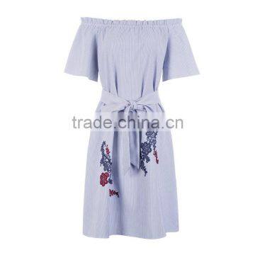 Maxnegio off Shoulder Striped Dress With Embroidery for Girls photo-5