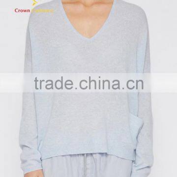 Ladies Deep V Neck Light Blue Cashmere Pullover Sweater