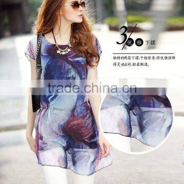 2016 Hotsale Ruffles Women Short-sleeve Loose Slim Chiffon Long Blouse Shirts Tops With DIY Printing photo-4