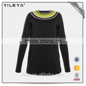 Women Fashion Black Casual T-shirts With Colorful Neckline Design