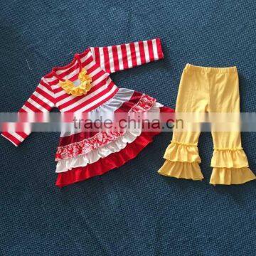 2015 baby red stripe top and different style ruffle dress and solid color ruffle pants YW-160